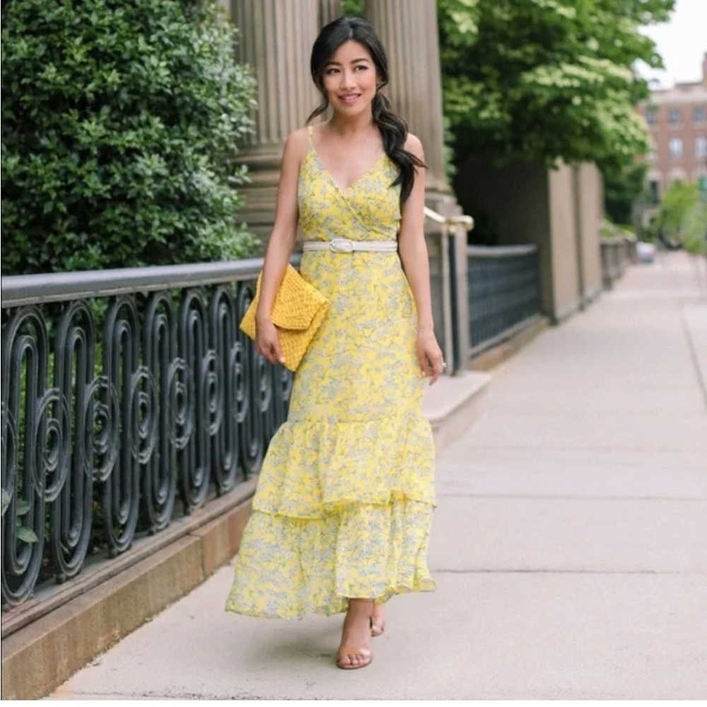 Banana Republic Yellow Floral Tiered Ruffled Maxi Dress Size 6